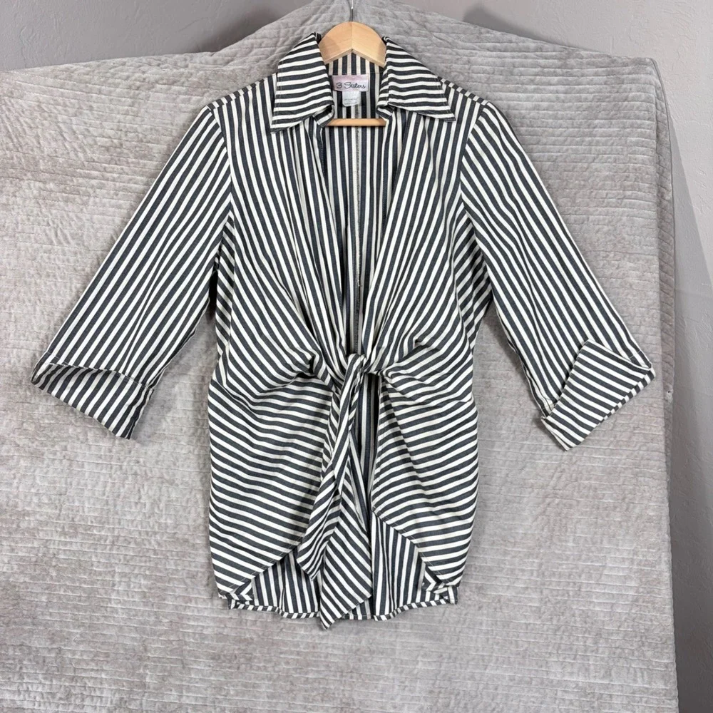 3 Sisters Black White Striped 100% Linen Tie Front Wrap Blouse Top L 3S539 USA